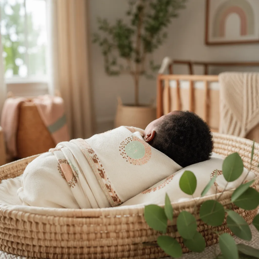 Igbo baby swaddled in a soft nursery with woven accents and gentle natural light.