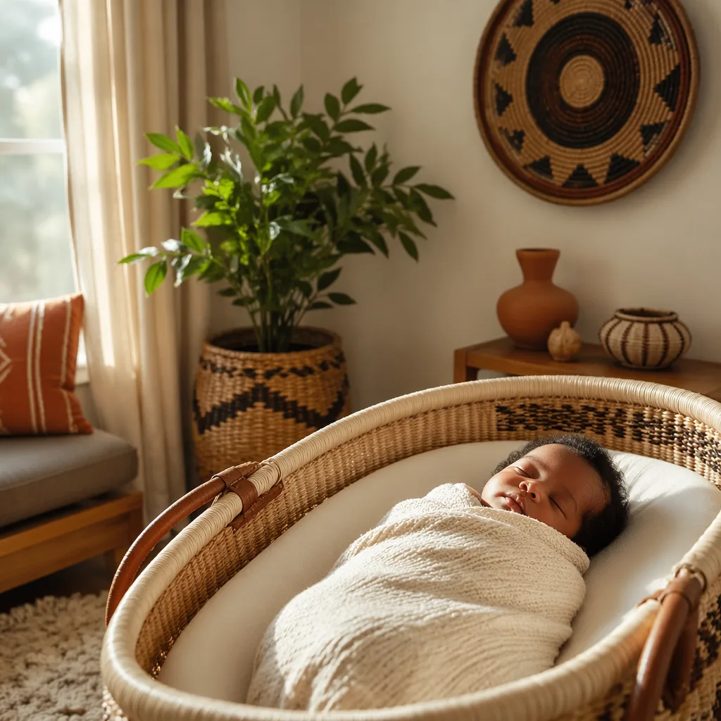 A peaceful baby sleeping in a warm pastel nursery with Igbo-inspired woven decor.