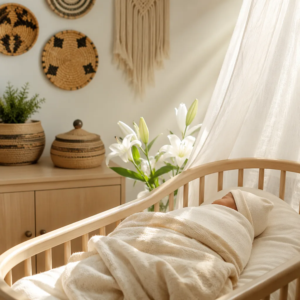 A softly lit cozy nursery with a swaddled Igbo newborn and gentle pastel decor.