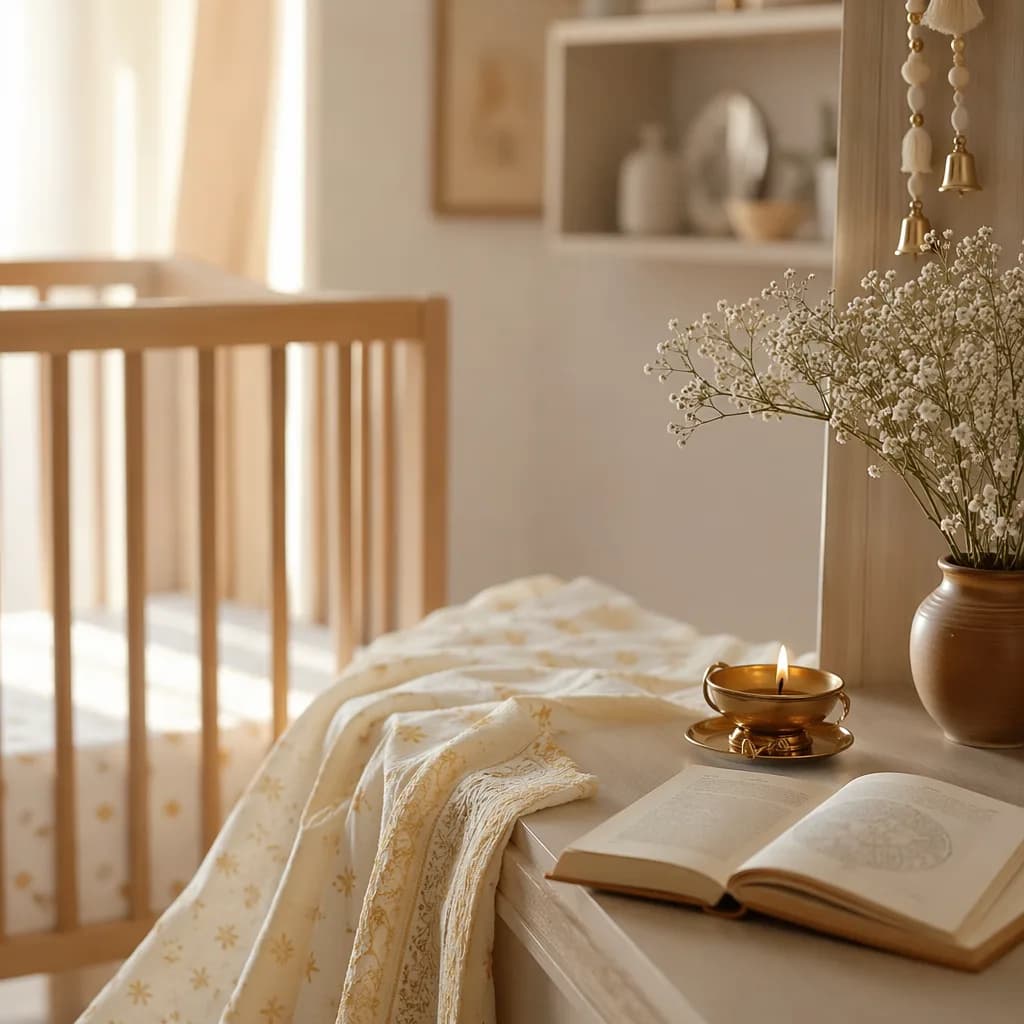 Soft pastel nursery with a glowing diya, book, and baby blanket symbolizing light and wisdom.
