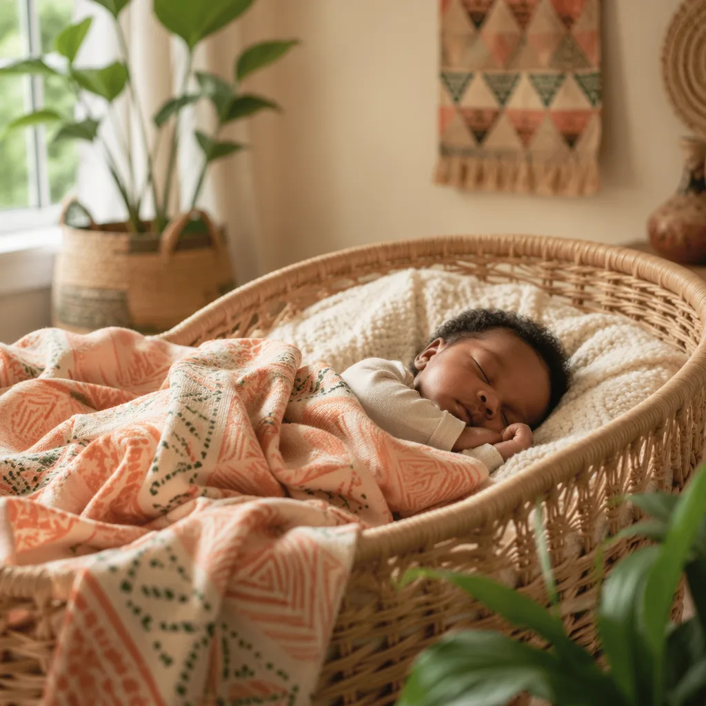 Peaceful Igbo-inspired nursery with a sleeping newborn in soft pastel light.
