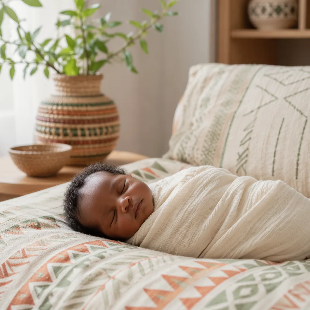 Peaceful swaddled newborn in a warm pastel nursery with subtle Igbo-inspired textiles.