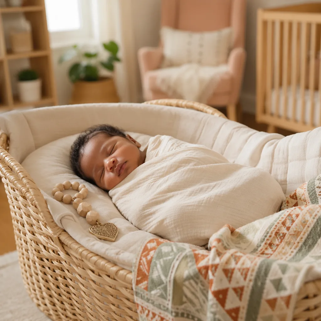 Peaceful swaddled baby in a warm Igbo-inspired nursery with soft natural light.