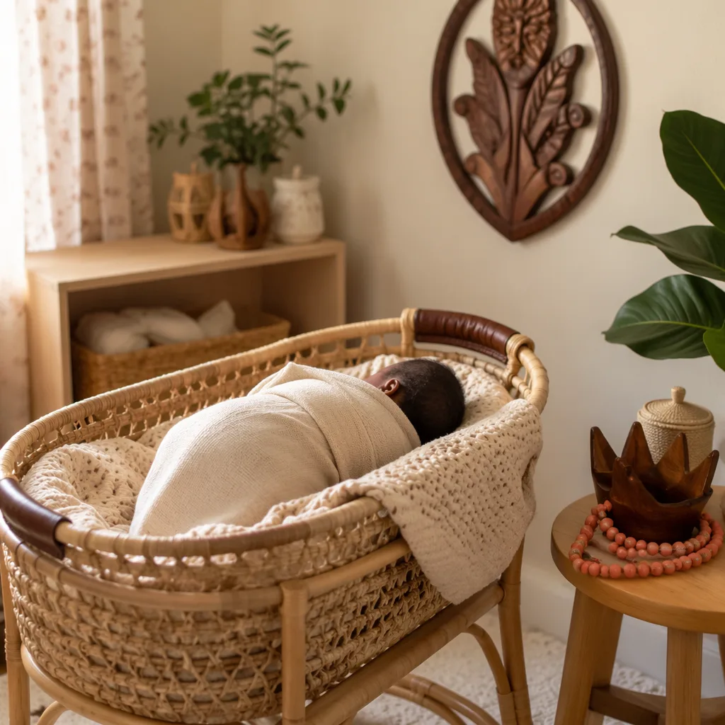 A softly lit Nigerian-inspired nursery with a swaddled newborn in a woven basket and gentle royal accents.
