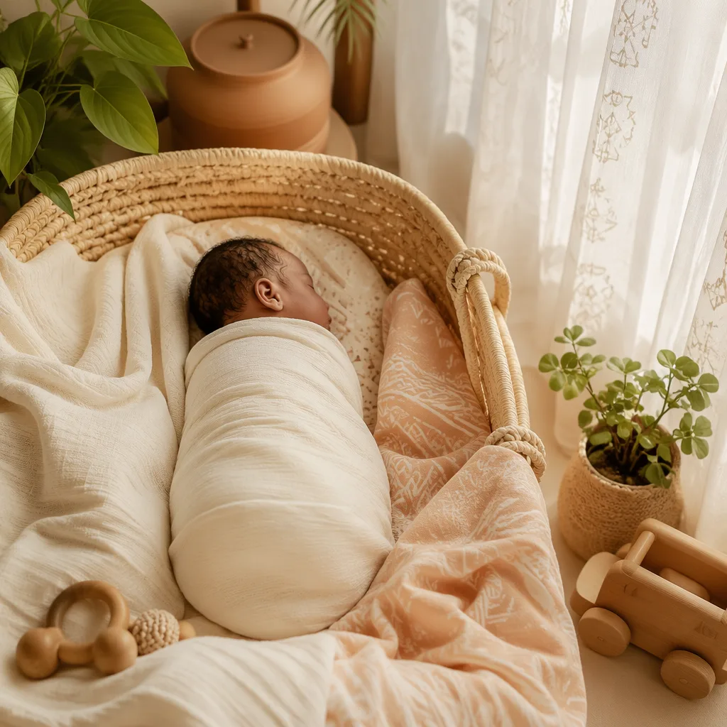 Peaceful Igbo-inspired nursery with a swaddled sleeping baby in soft natural light.