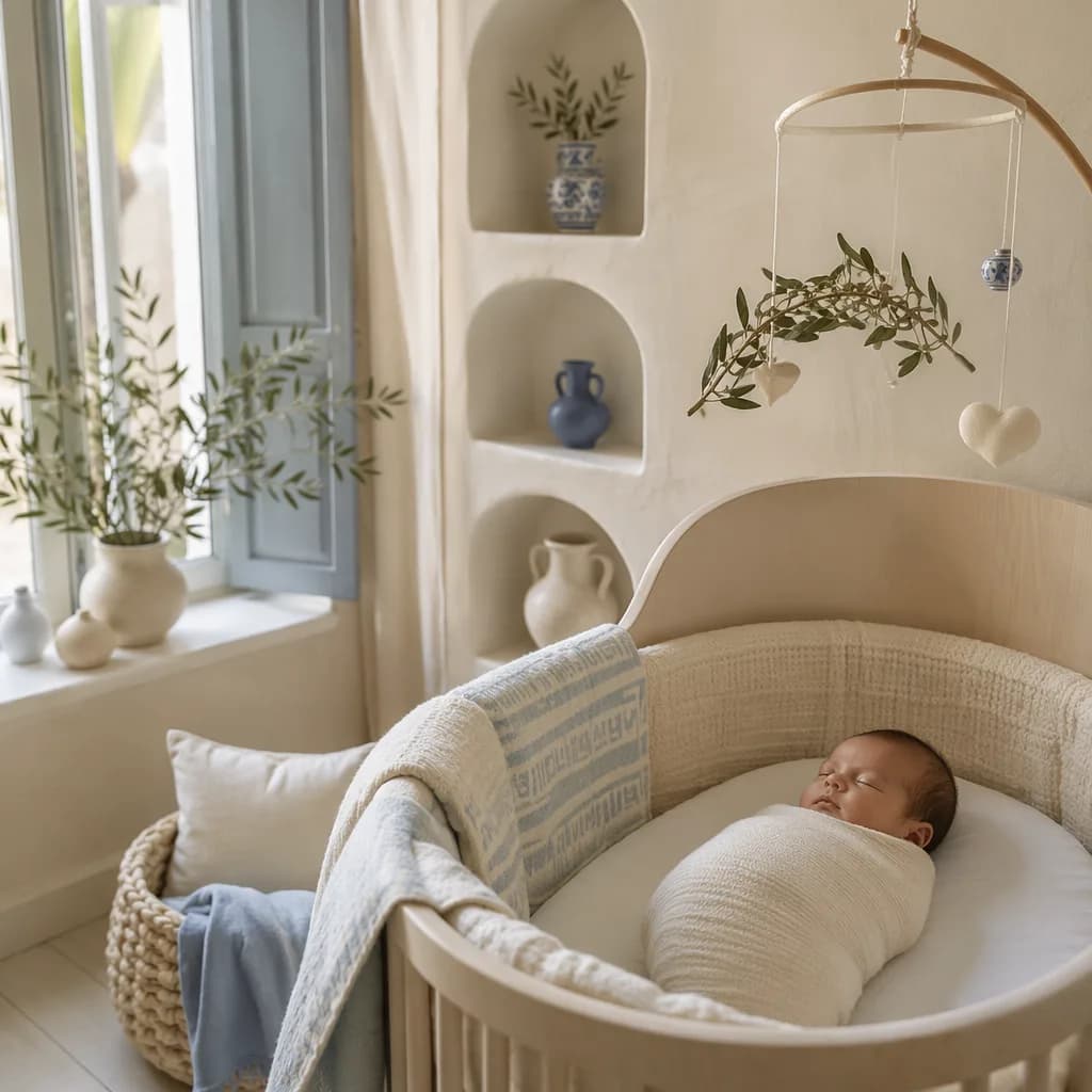 Sleeping baby in a soft Greek-inspired nursery with olive branches and pastel light.