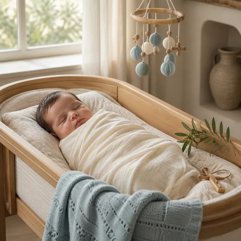 A peaceful Greek-inspired nursery with a swaddled sleeping baby, olive branch, and small wooden cross.