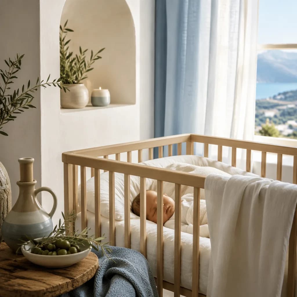 A peaceful newborn sleeping in a Greek-inspired pastel nursery with olive branch and soft natural light.