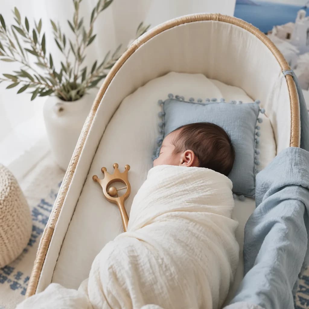 Sleeping Greek newborn in a soft pastel nursery with olive branches and gentle royal accents.
