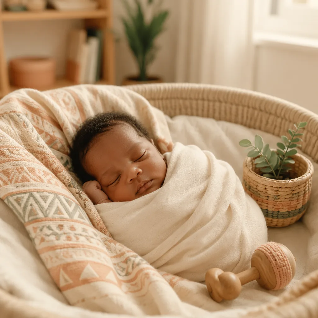 Peaceful newborn in a soft Igbo-inspired nursery setting with warm natural light.