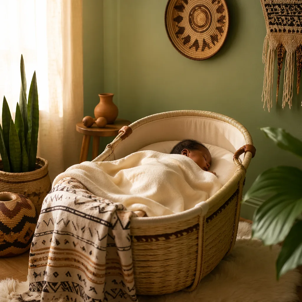 Sleeping baby in a cozy nursery with soft light and subtle Igbo-inspired decor.