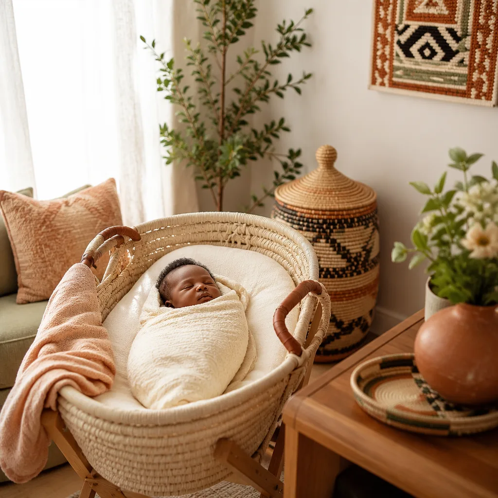 Sleeping newborn in a softly lit Igbo-inspired nursery with woven accents.