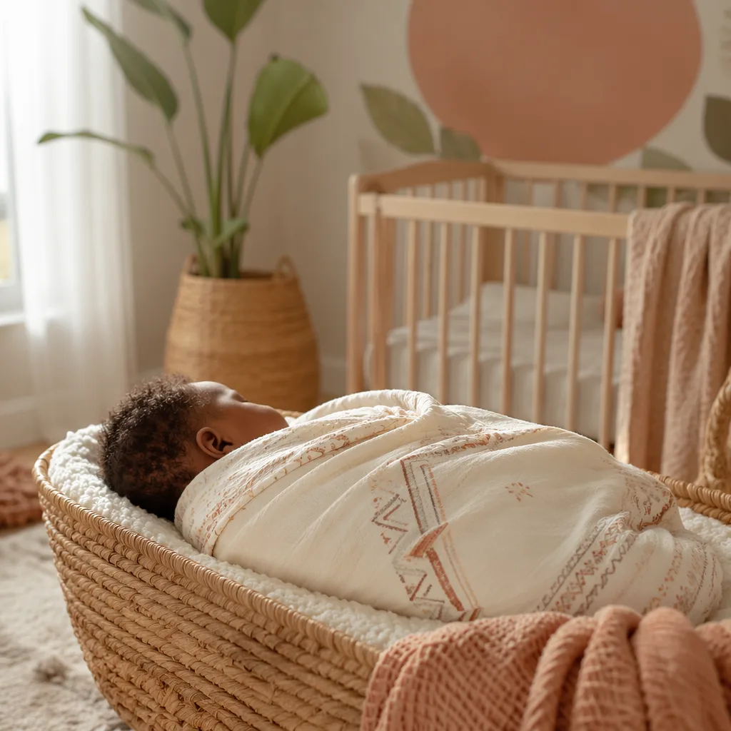 A peaceful Igbo baby in a softly lit modern nursery with warm pastel decor.