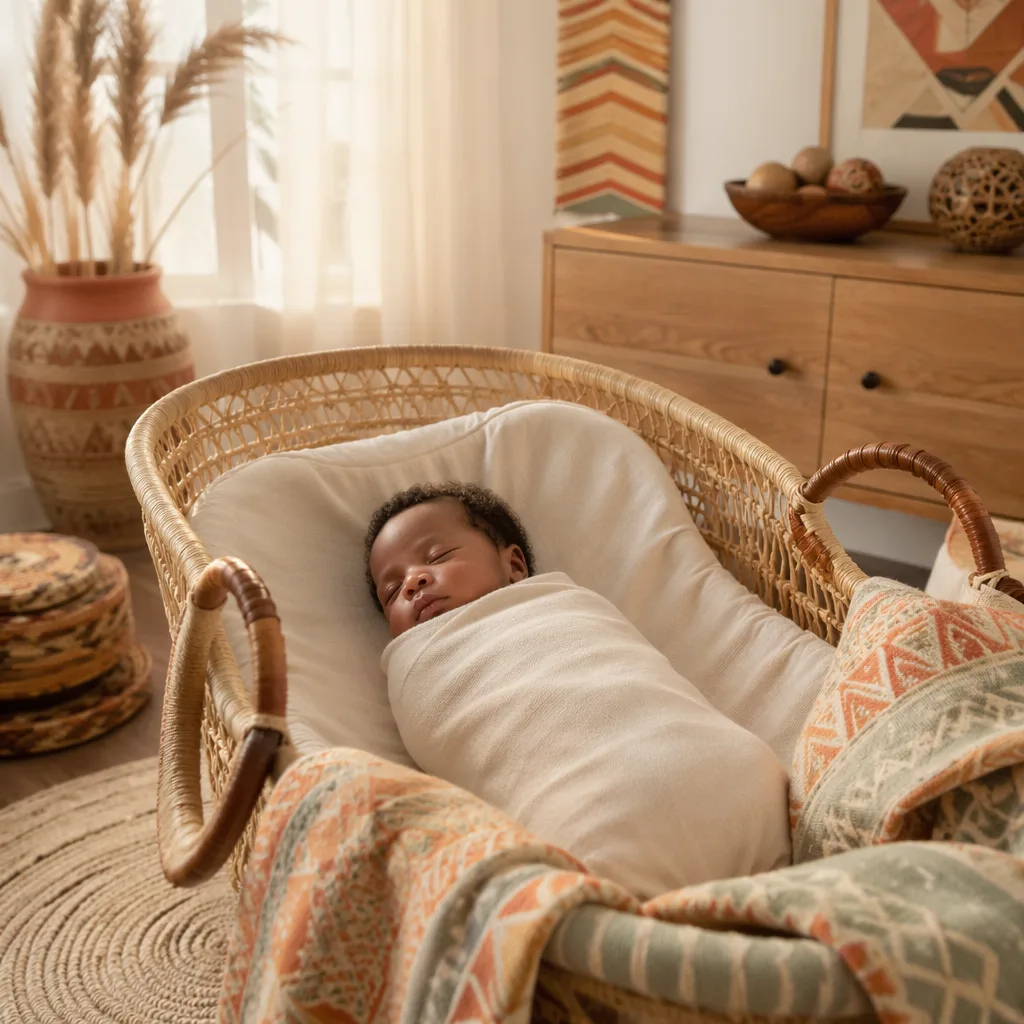 A sleeping newborn in a soft Igbo-inspired nursery with warm natural light.