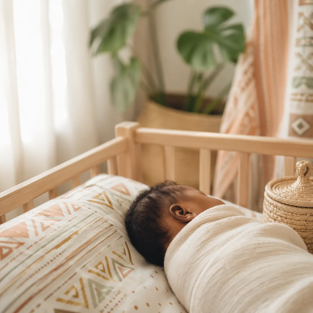 A peaceful Igbo-inspired nursery with a swaddled baby in soft natural light.