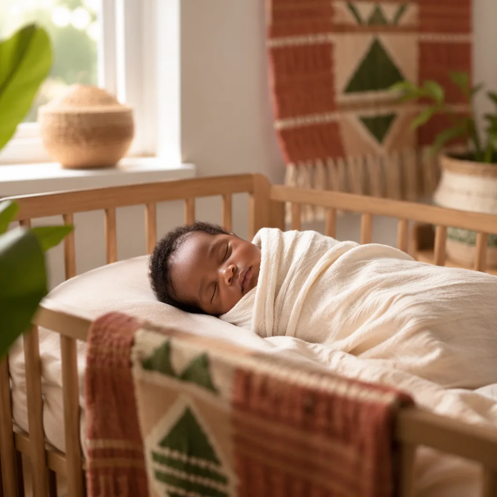 Peaceful swaddled newborn in a cozy nursery with subtle Igbo-inspired woven accents.