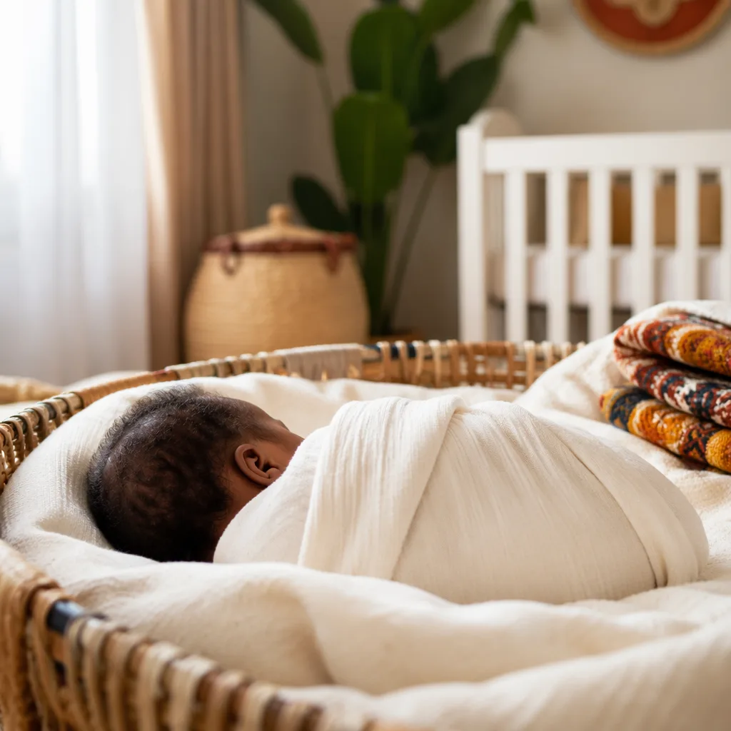 Sleeping newborn in a warm pastel nursery with subtle Nigerian woven accents.