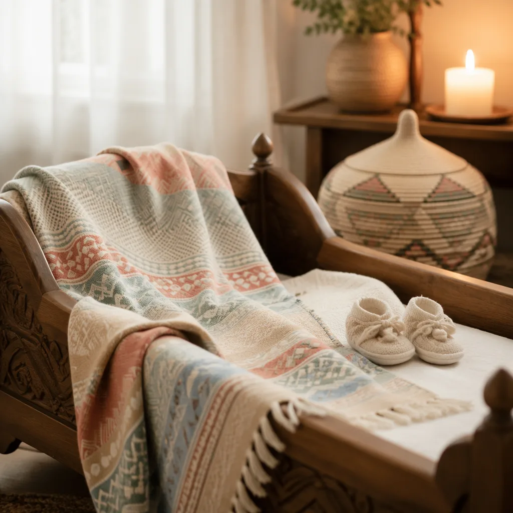 Soft Igbo-inspired nursery still-life with baby blanket, booties, and warm gentle light.