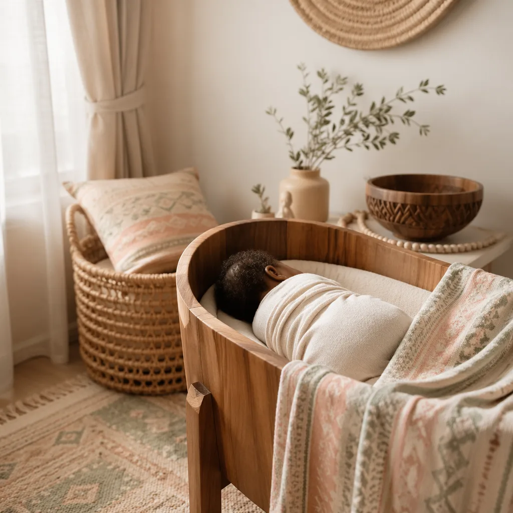 A softly lit Igbo-inspired nursery with a swaddled baby and warm woven details.