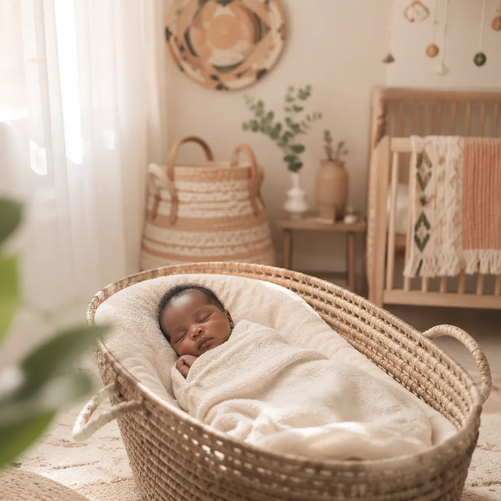 Sleeping baby in a soft pastel Igbo-inspired nursery with warm natural light.