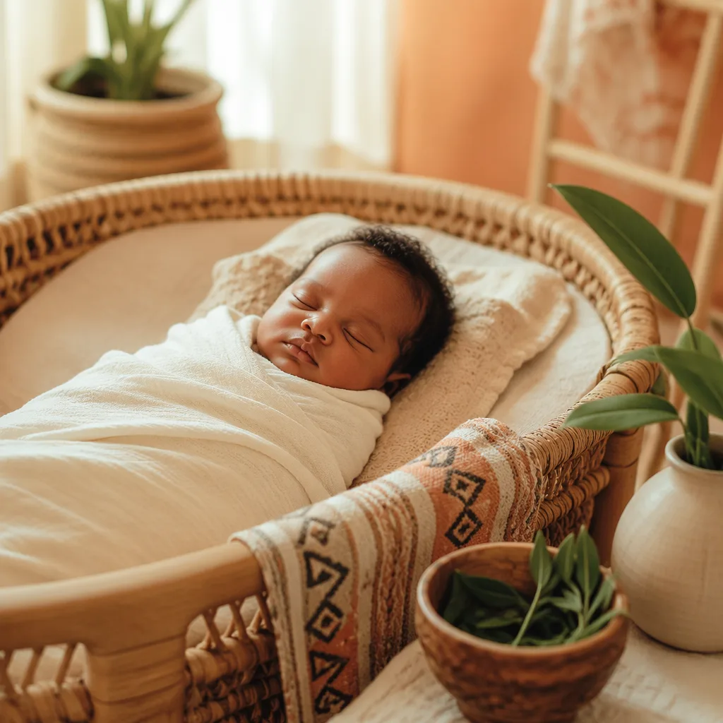 Peaceful swaddled newborn in a warm Igbo-inspired nursery with soft natural light.