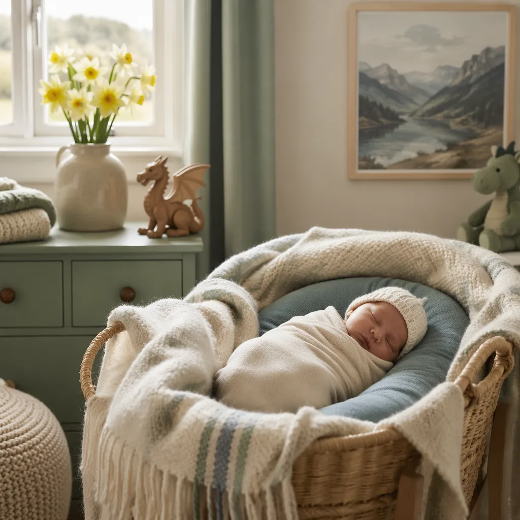 Sleeping baby in a soft Welsh-inspired nursery with daffodils and a wooden dragon toy.