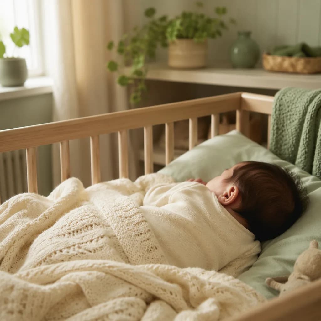 Sleeping baby with dark hair in a soft Irish-inspired nursery.