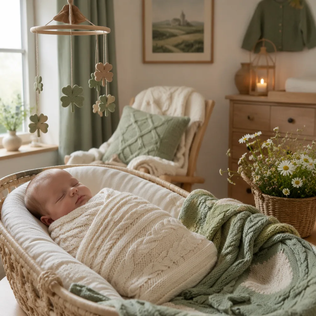 Sleeping baby in a soft Irish-inspired nursery with sage and cream decor.