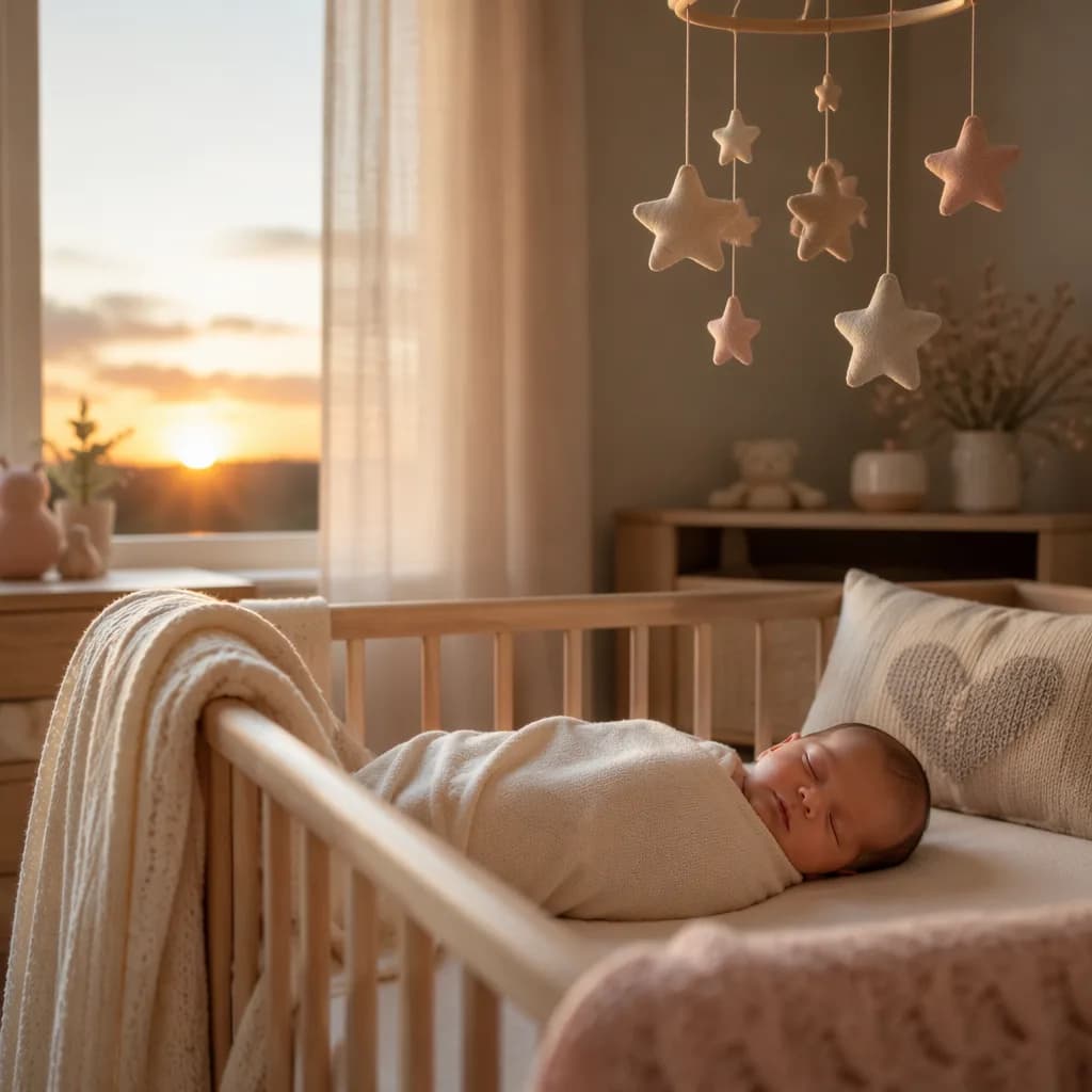 Sleeping newborn in a soft pastel nursery with a star mobile and cozy blankets.
