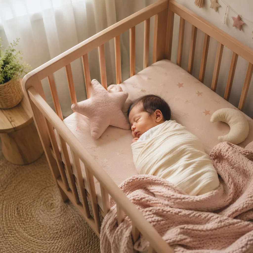 Sleeping baby in a soft pastel nursery with gentle star accents.