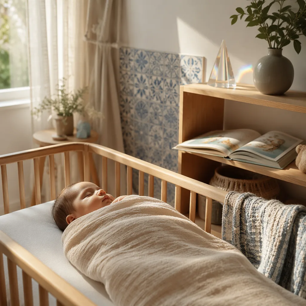 Soft pastel Portuguese nursery with a peacefully swaddled baby in gentle morning light.