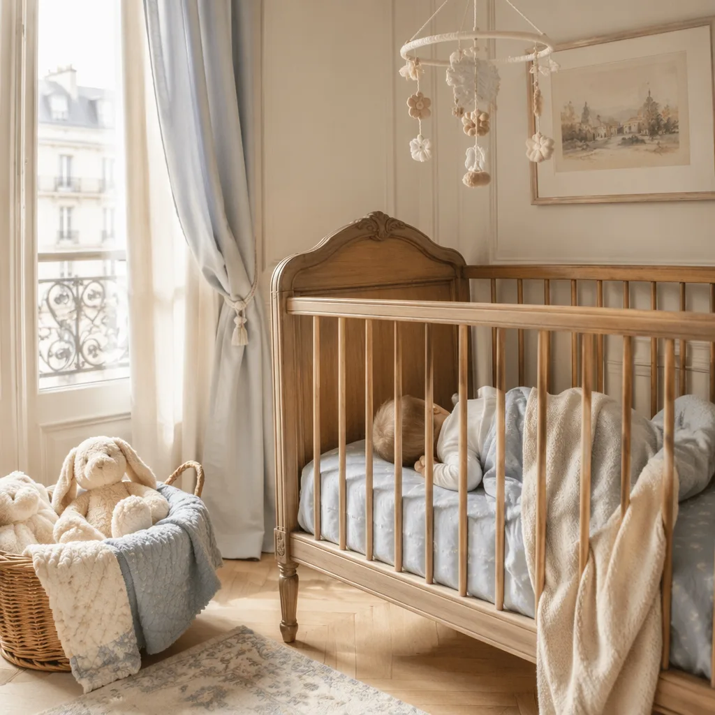 Soft pastel French nursery with a peaceful non-identifiable sleeping baby.
