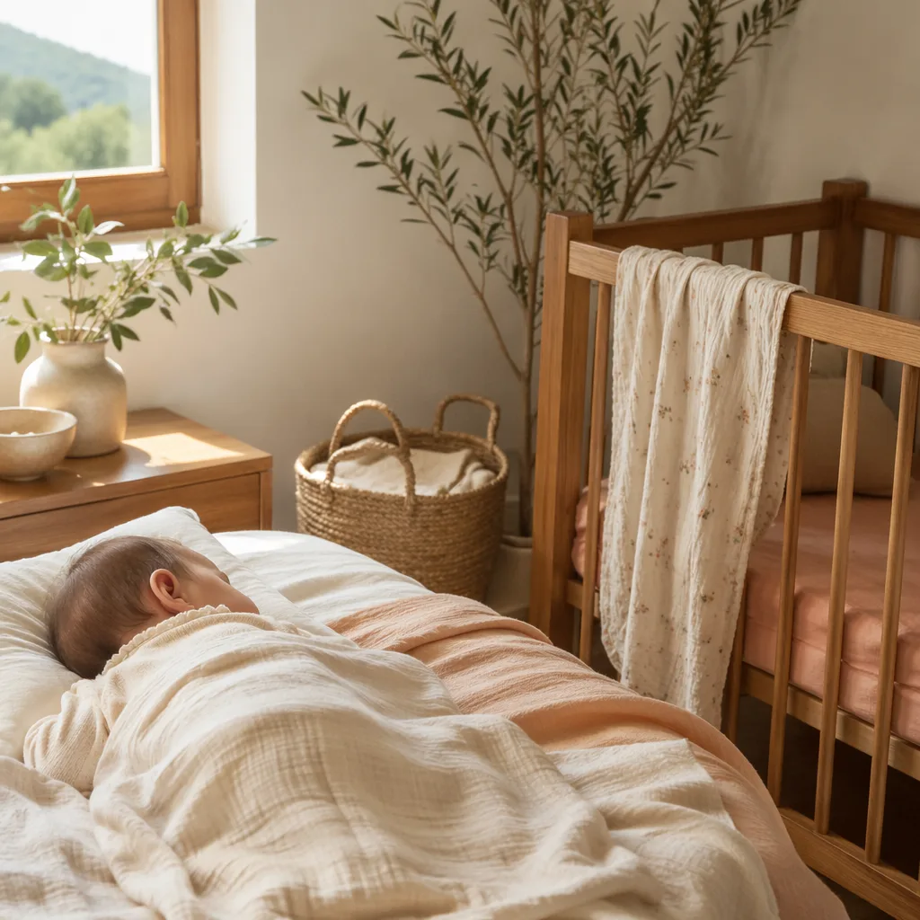 Soft pastel Spanish nursery with a sleeping baby, olive branches, and warm honey-toned decor.
