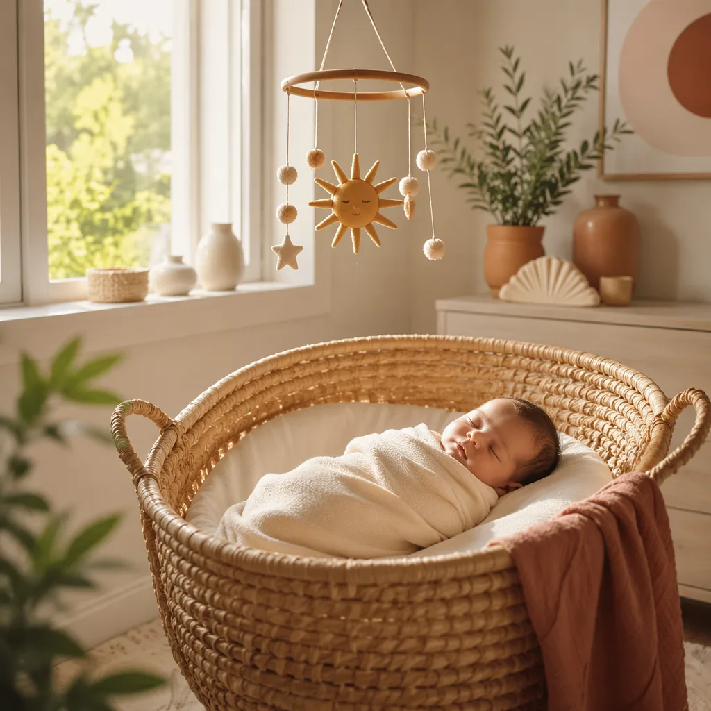 Peaceful swaddled baby in a sunlit pastel nursery with Mediterranean-inspired accents.