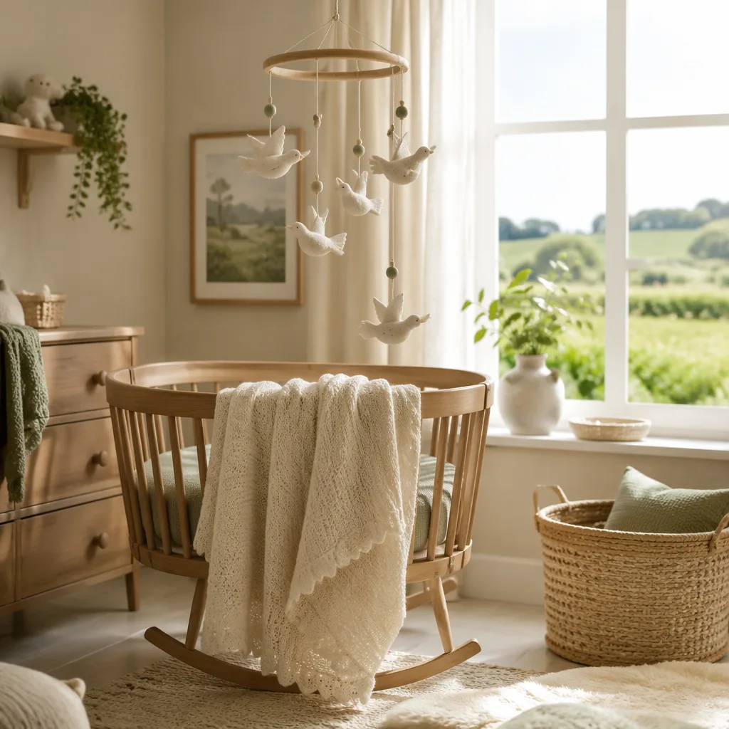 Soft Irish-inspired nursery with a dove mobile and cozy baby blanket in gentle pastel light