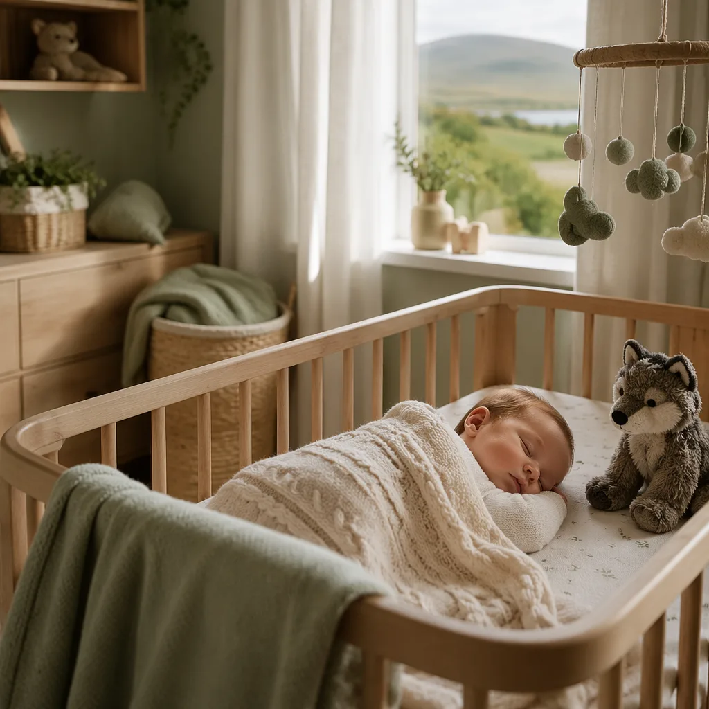 A cozy pastel nursery with a sleeping baby and a small plush wolf, evoking the Irish name Conall.