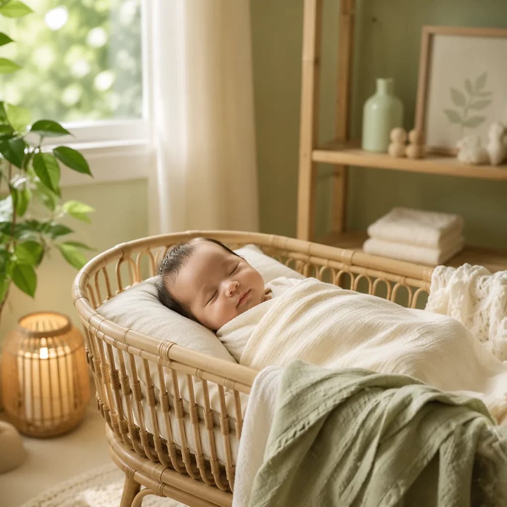 A peaceful Vietnamese-inspired nursery with a sleeping baby in soft natural light.