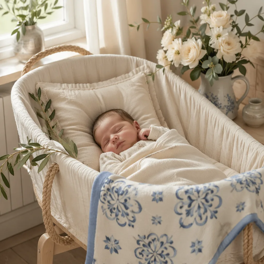 Serene newborn in a cozy pastel nursery with Portuguese-inspired details.