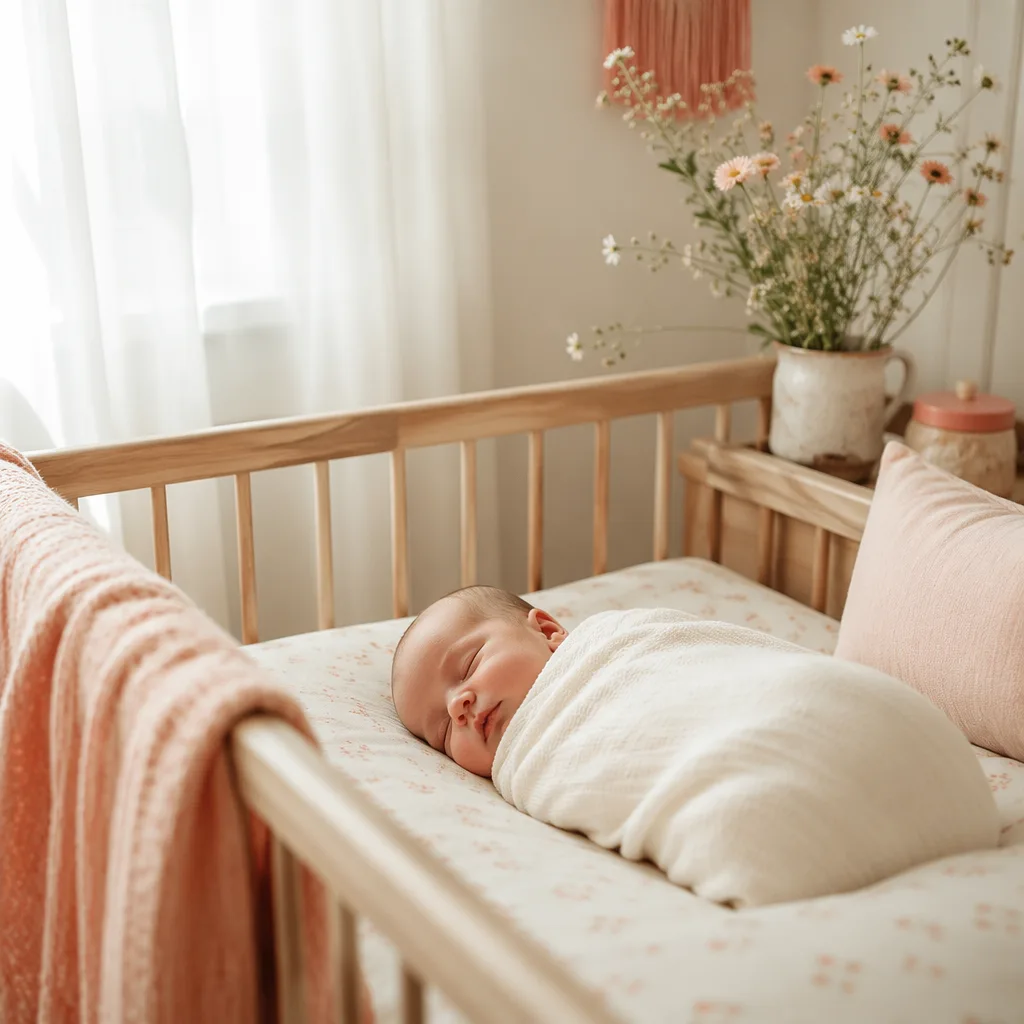 Sleeping newborn in a soft pastel nursery with coral accents and gentle morning light.