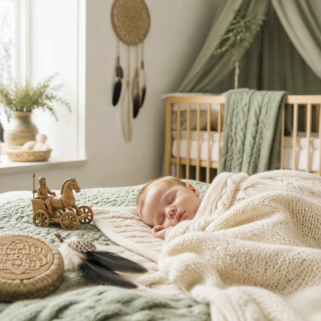 Cozy Irish-inspired nursery with a sleeping baby, soft knits, and a small wooden toy chariot.