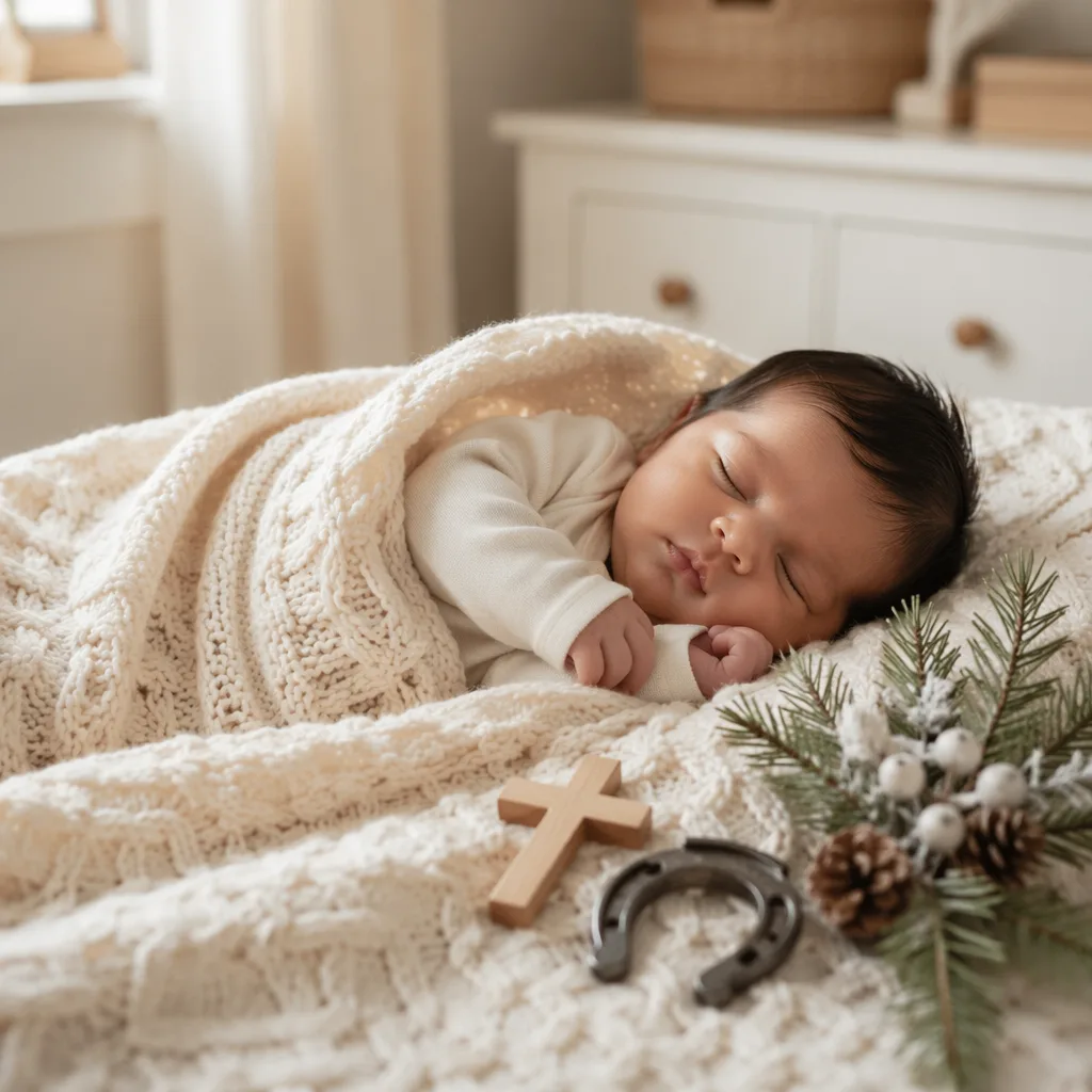 Peaceful baby in a soft nursery with subtle Spanish heritage and holiday-inspired keepsakes.