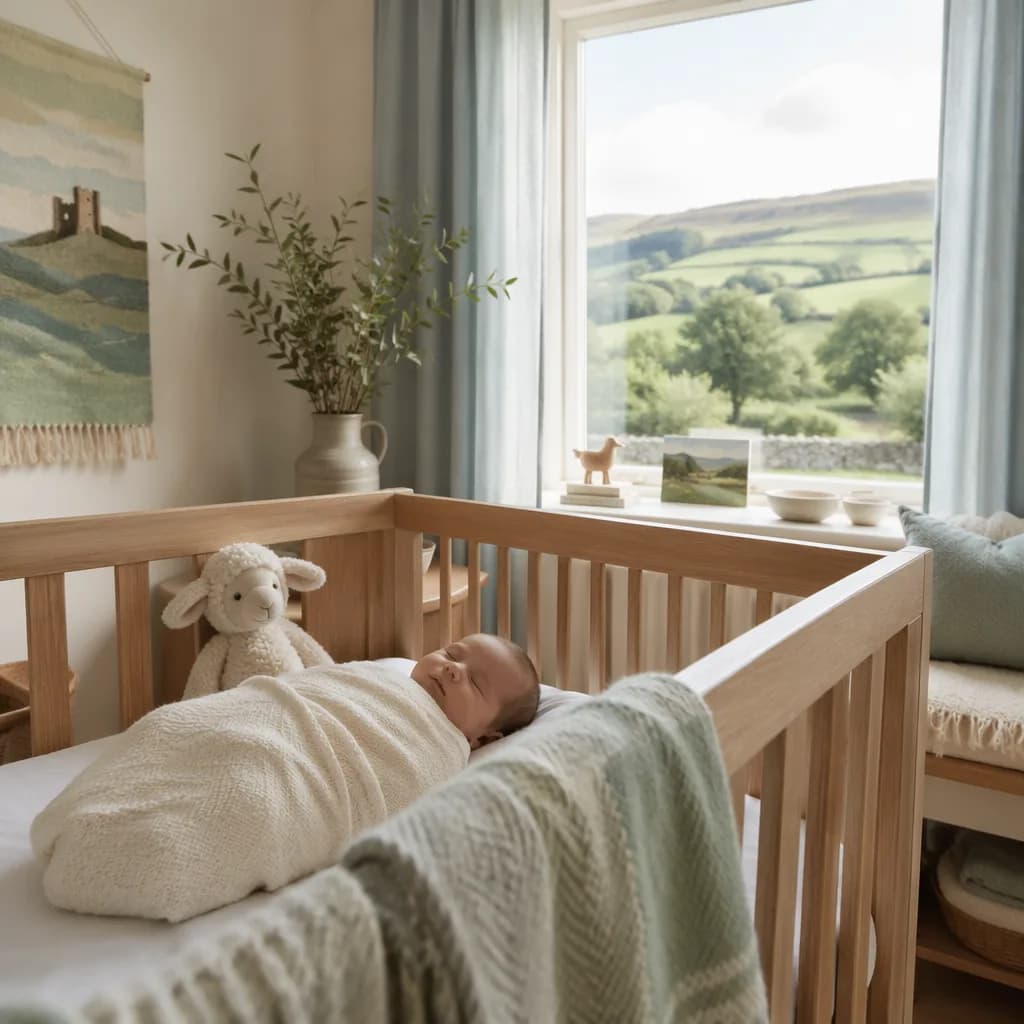 Sleeping baby in a soft Welsh-inspired nursery with pastel accents and gentle natural light.