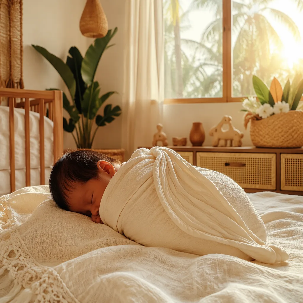 Sleeping Filipino newborn in a soft sunlit nursery with angelic, cozy details.