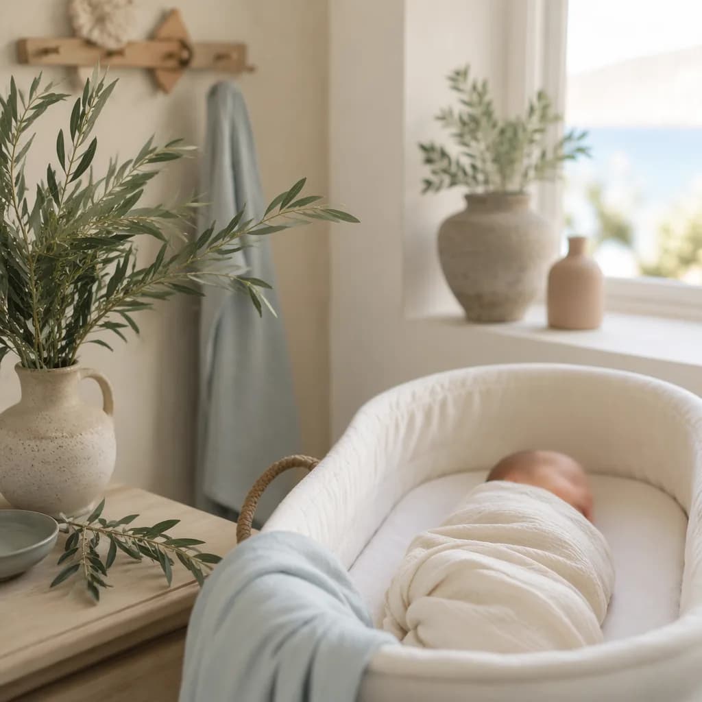 Soft Greek-inspired nursery with a swaddled baby and laurel accents.