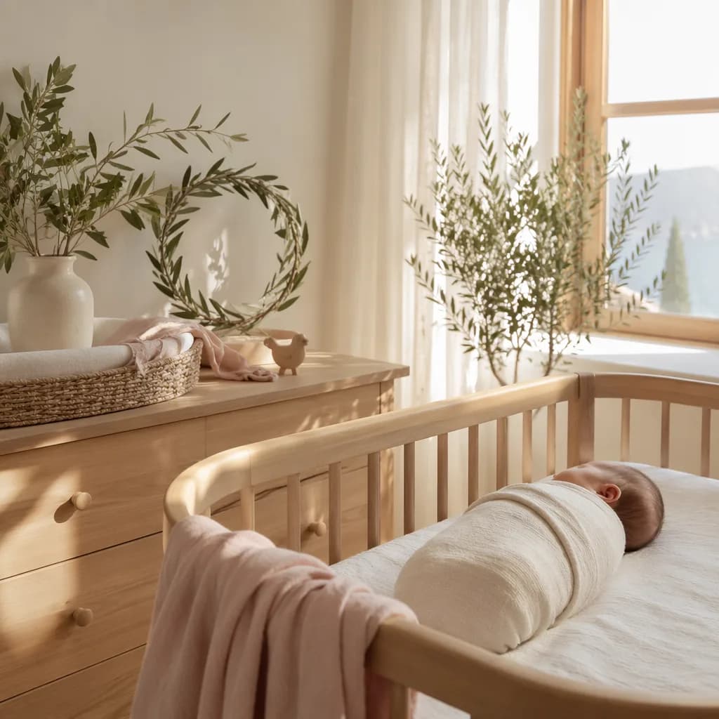 Soft pastel nursery with a swaddled baby and laurel wreath inspired by the Greek name Dafni.