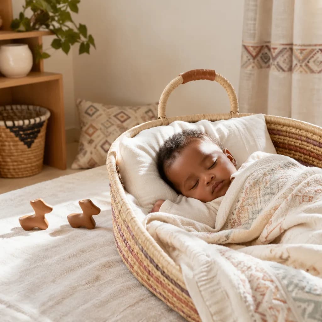 Ethiopian baby sleeping in a soft pastel nursery with gentle heritage-inspired details.