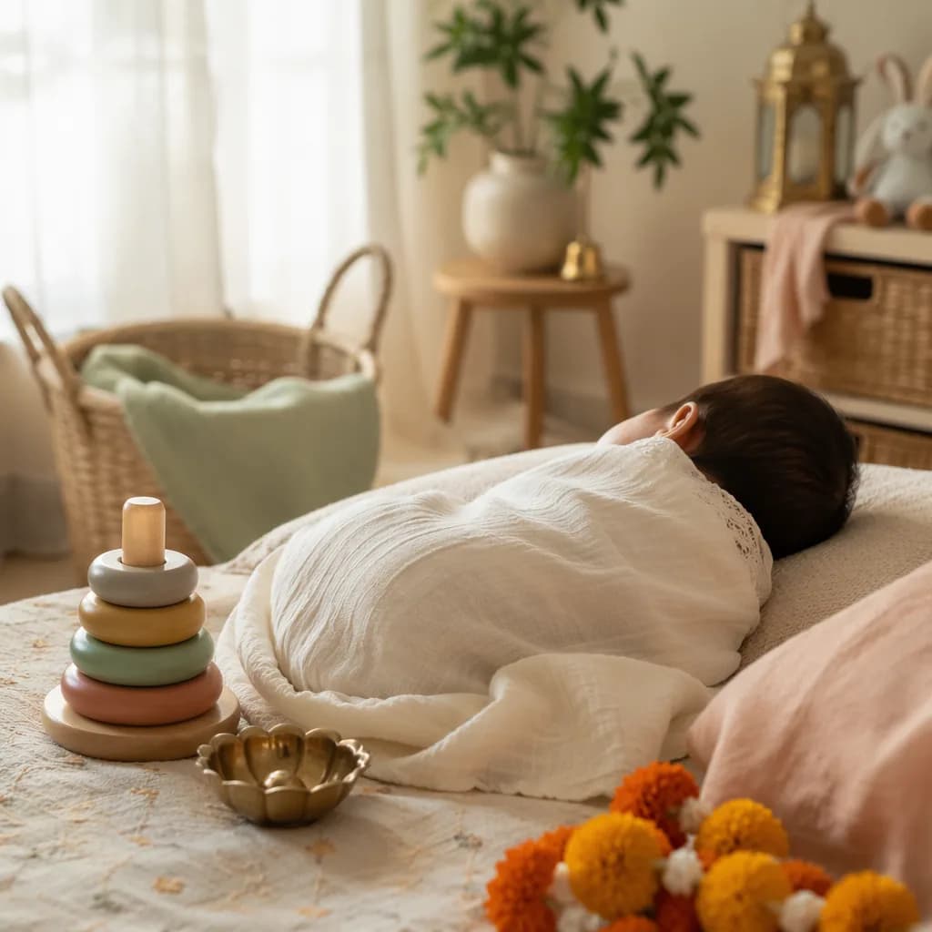 A cozy pastel nursery with a sleeping baby and subtle Indian-inspired decor.