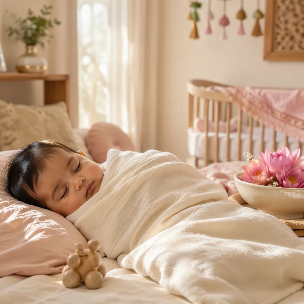 A peaceful baby nursery with a sleeping infant, soft blankets, wooden toys, and lotus flowers in gentle natural light.