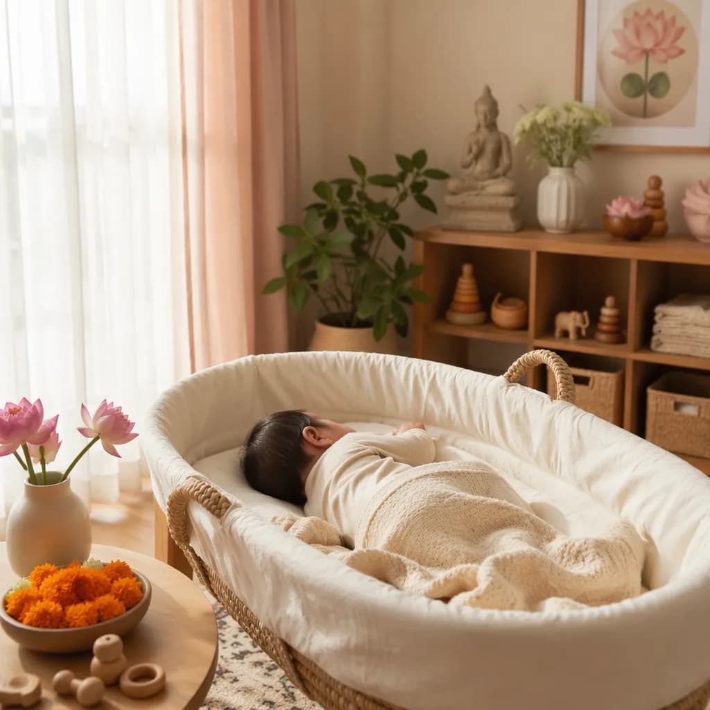 Serene pastel nursery with a sleeping baby and gentle Sanskrit-inspired floral accents.