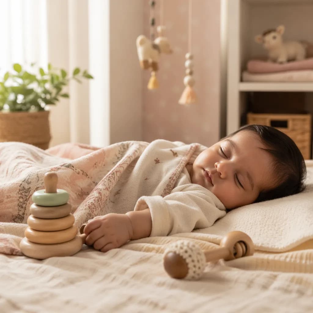 A peaceful baby in a softly lit pastel nursery with wooden toys and gentle Indian-inspired details.